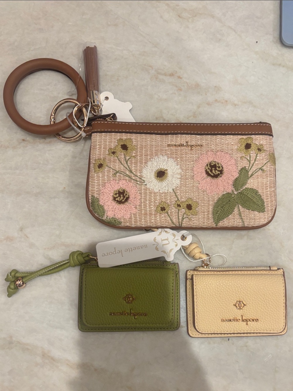 Nanette Lepore 3FER Floral Wristlet Pouch with Olive and Cream Card Holders
